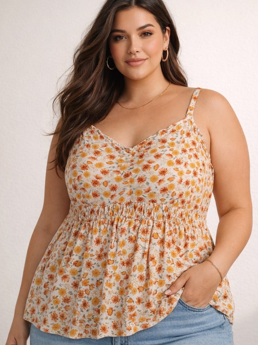 Torrid 3 Floral Cami Super Soft Knit Tank Orange Yellow Cottage Core